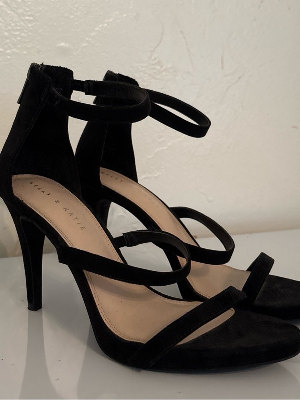 Kelly & Katie Black Suede Strappy Ankle-Heel Sandals